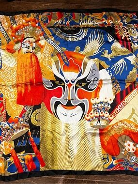 100% Silk Scarf with Multicolor Chinese Opera and Oriental Mask Motif
